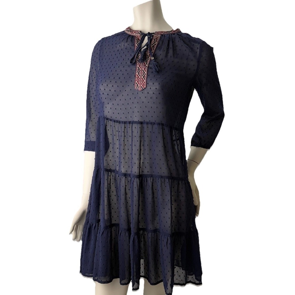 Anthropologie Daniel Rainn Sheer Navy Swiss Dot Tiered Dress Boho Embroidered XS